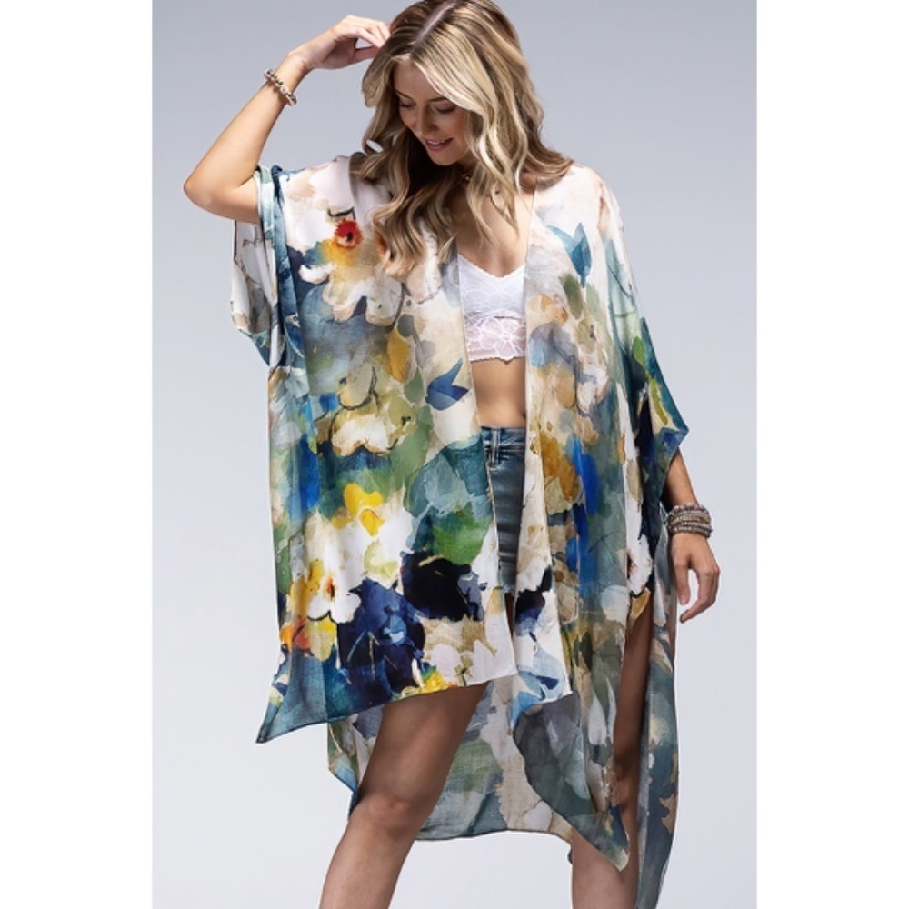 Monica Floral Watercolor Spring Summer Open Wrap Women's Casual One Size Kimono